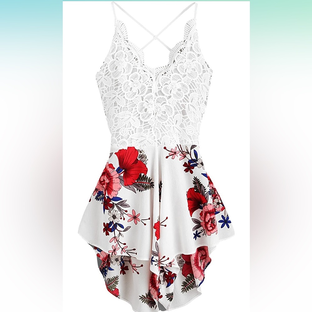 Women's Boho Crochet V Neck Halter Backless Floral Lace Romper Jumpsuit